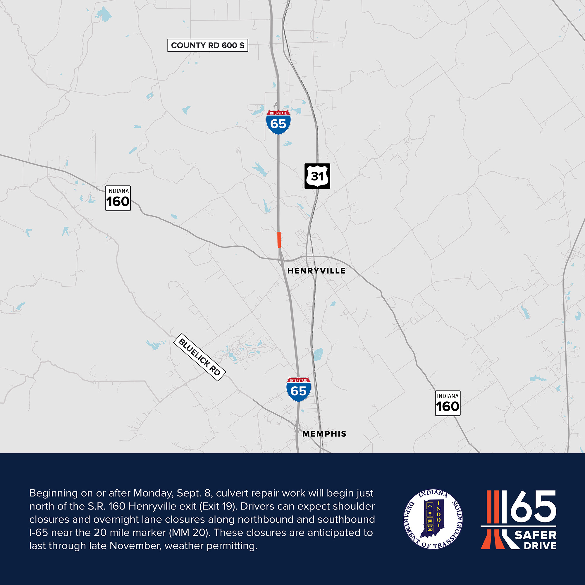 Shoulder, overnight lane closures planned on I-65 in Clark and